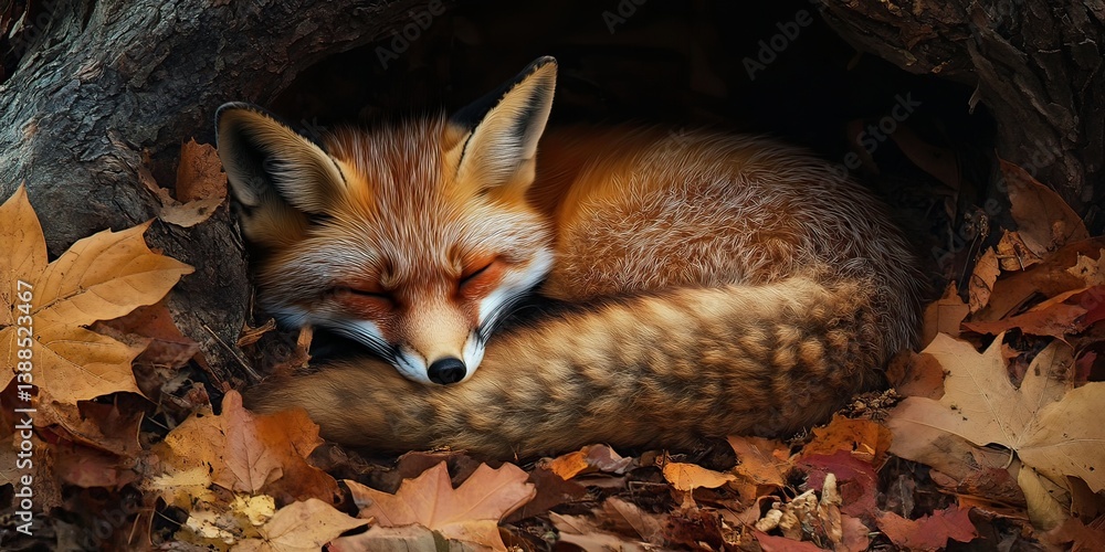 Obraz premium Sleeping fox in autumn leaves forest wildlife photography tranquil setting