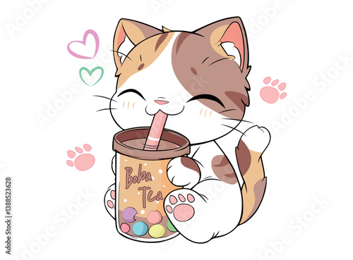 cute kitten drinking tea. Design to print on shirt, poster, dedications, birthday