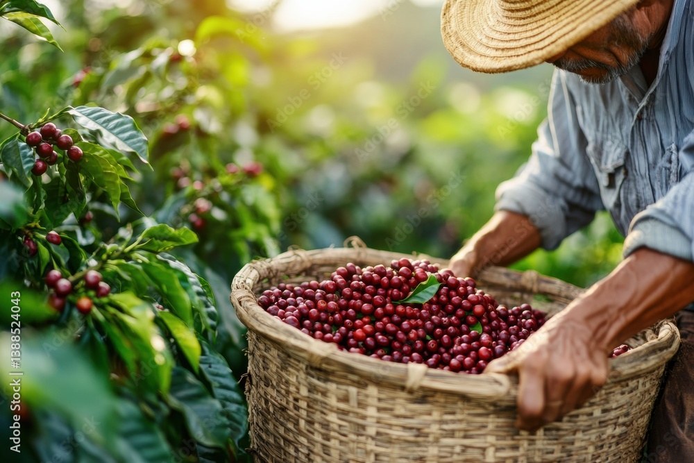 Rustic coffee farmer harvesting ripe cherries by hand in traditional landscape with warm tones and woven basket