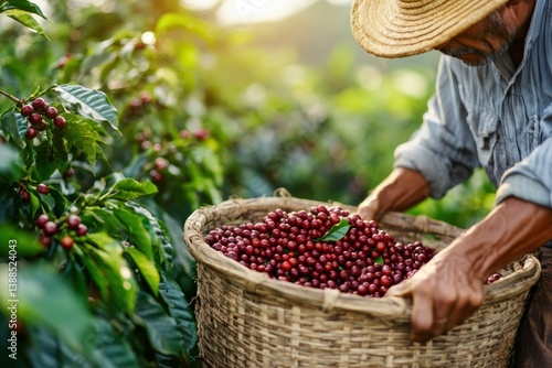 Obraz na płótnie Rustic coffee farmer harvesting ripe cherries by hand in traditional landscape with warm tones and woven basket w salonie