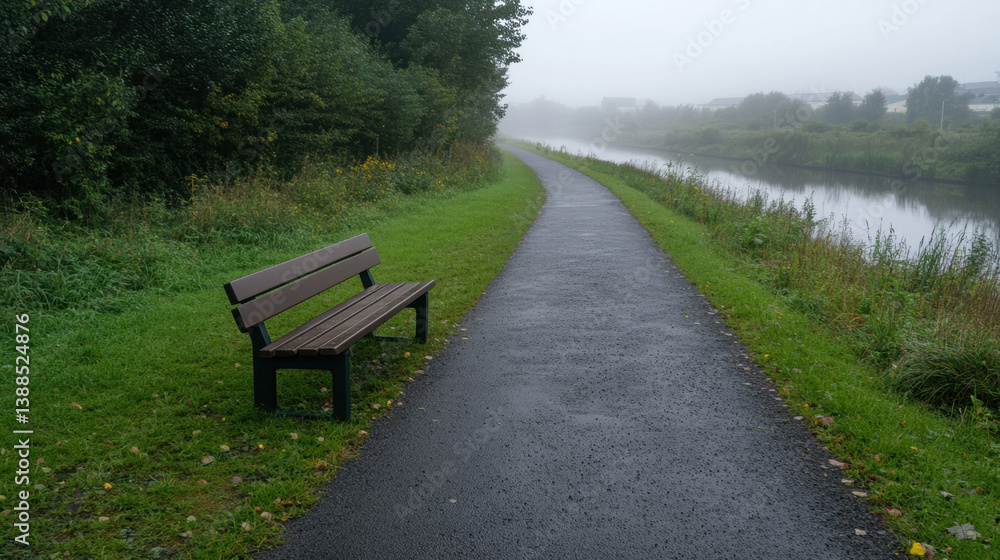 Fototapeta premium serene riverside trail enveloped in early morning mist, featuring solitary bench along path. atmosphere is calm and peaceful
