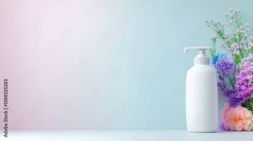 A white pump bottle sits center, on a pale surface. Pastel flowers are to the right. The background is a soft, light blue-pink gradient. The image is high-quality, well-lit, and features a minimali A white pump bottle sits center, on a pale surface. Pastel flowers are to the right. The background is a soft, light blue-pink gradient. The image is high-quality, well-lit, and features a minimali