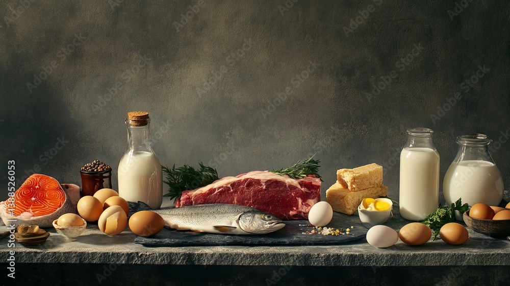 Fototapeta premium gourmet protein ingredients displayed on stone surface, fresh cuts of meat, fish steaks, organic eggs, fresh milk, commercial food styling, diffused lighting