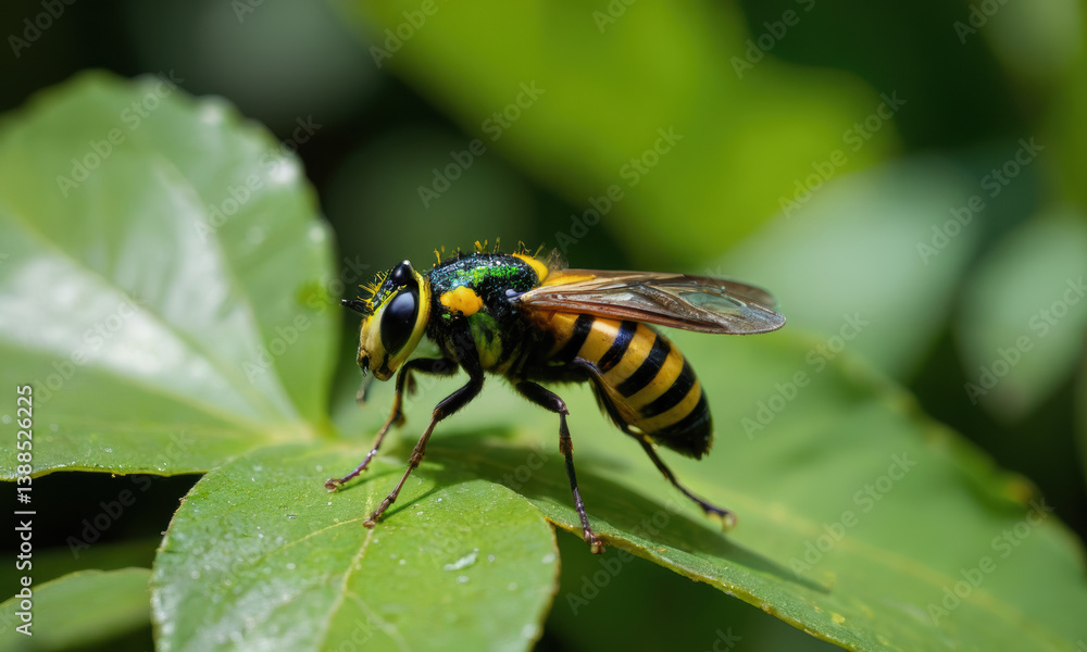 vibrant insect perched on green leaf, showcasing striking yellow and black stripes, with iridescent green accents vibrant insect perched on green leaf, showcasing striking yellow and black stripes, with iridescent green accents