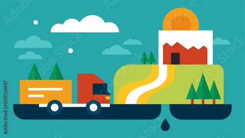 Food Supply Chain Disruption A visual of a truck delivering goods with obstacles like flooded roads and heatwaves in the background indicating challenges in food distribution due