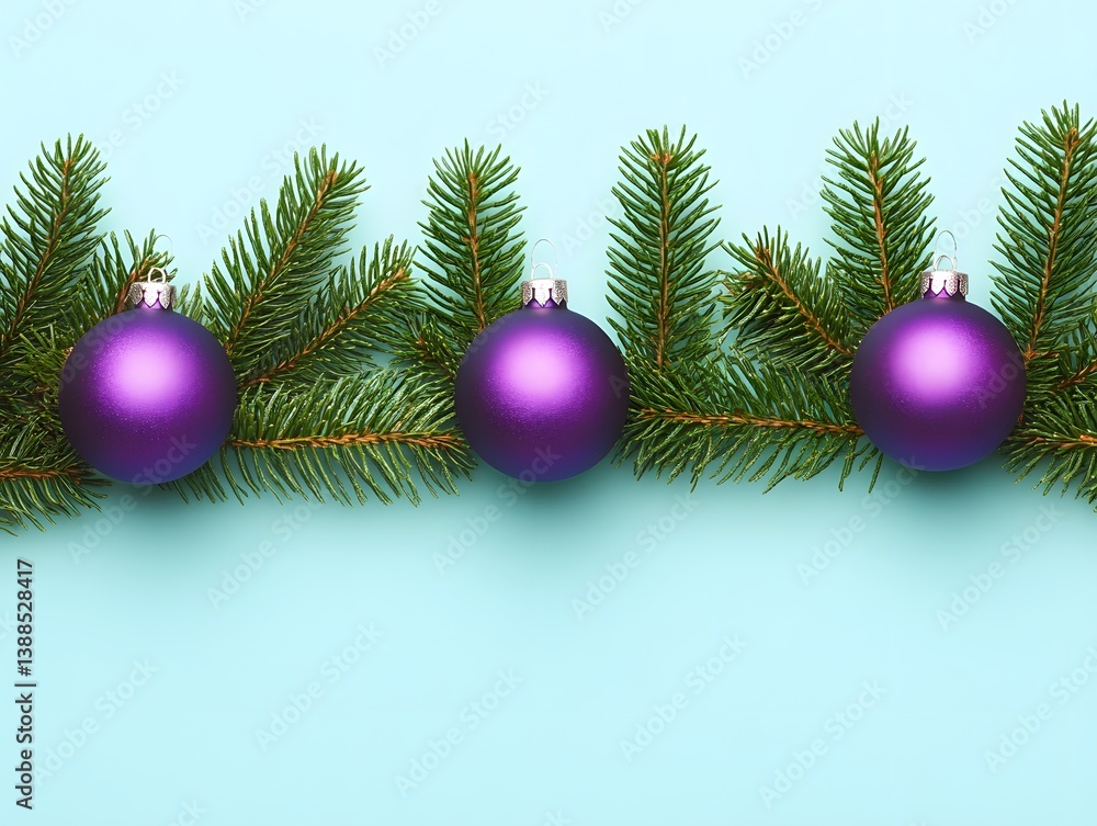 Purple Christmas Ornaments with Pine Branches on Teal Background Purple Christmas Ornaments with Pine Branches on Teal Background