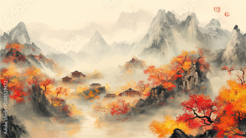chinese painting of landscape mountain with autumn fall forest 