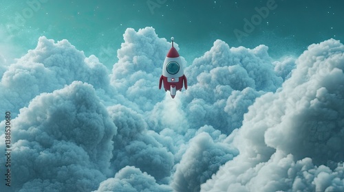Rocket launch adventure amidst clouds fantasy landscape 3d animation dreamy perspective