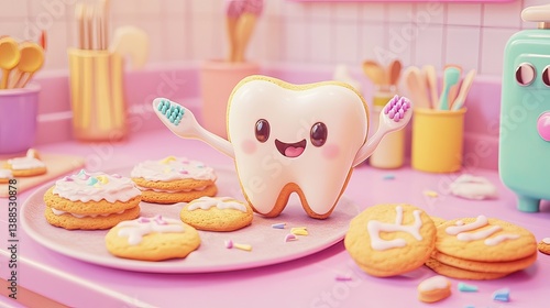 Playful tooth character celebrates cookies in a colorful kitchen environment