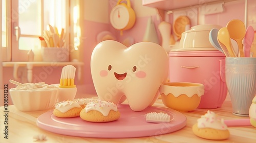 Delightful tooth character baking cookies in a pink kitchen whimsical scene cheerful vibe
