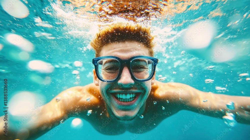 Fototapeta premium Summer adventure youth swimming underwater ocean photography bright environment playful concept