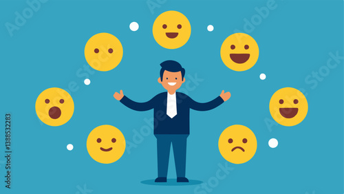 Juggling Emotions A character juggling different emoticons smiley frowny indifferent while surrounded by customers or patients demanding attention.