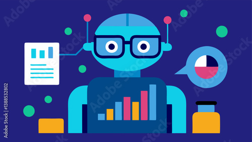 Data Analysis A robot with glasses analyzing a large data report filled with numbers and trading signals emphasizing the analytical power of bots.