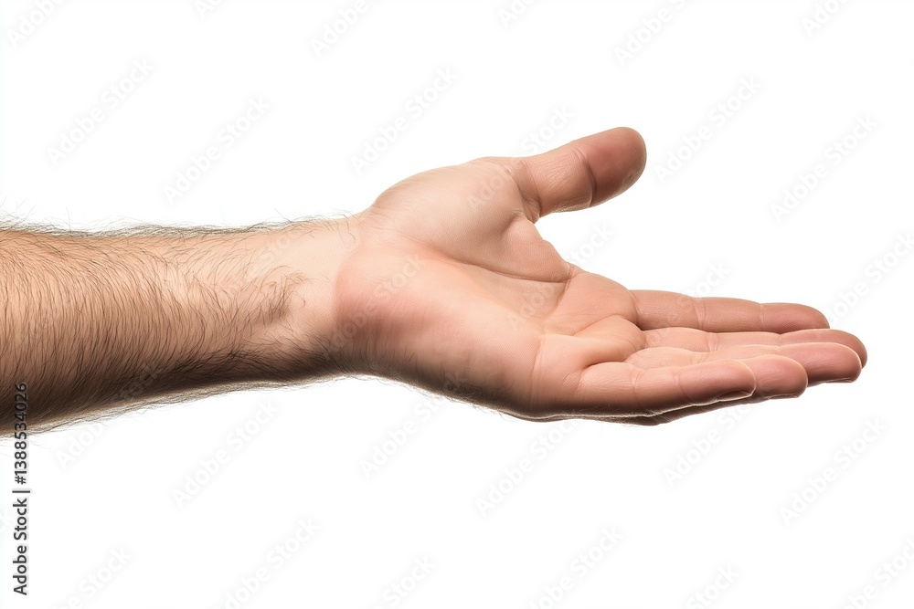 Open hand with arm extended on white background in a gesture of offering or receiving something Open hand with arm extended on white background in a gesture of offering or receiving something