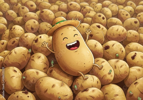 Happy Potato Cartoon Character Sitting Among Pile of Potatoes Illustration