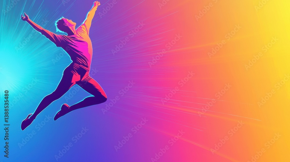 A vibrant depiction of a person jumping joyfully against a colorful background, symbolizing freedom and energy. A vibrant depiction of a person jumping joyfully against a colorful background, symbolizing freedom and energy.