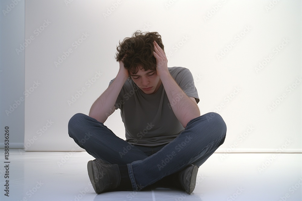 A young man sitting cross legged on the floor holding his head in his hands with a worried expression A young man sitting cross legged on the floor holding his head in his hands with a worried expression