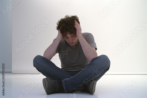 A young man sitting cross legged on the floor holding his head in his hands with a worried expression  