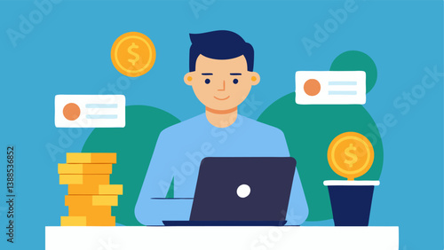 Currency Exchange An illustration of a digital nomad at a currency exchange desk comparing different currencies on a digital tablet with stacks of coins and paper bills in the