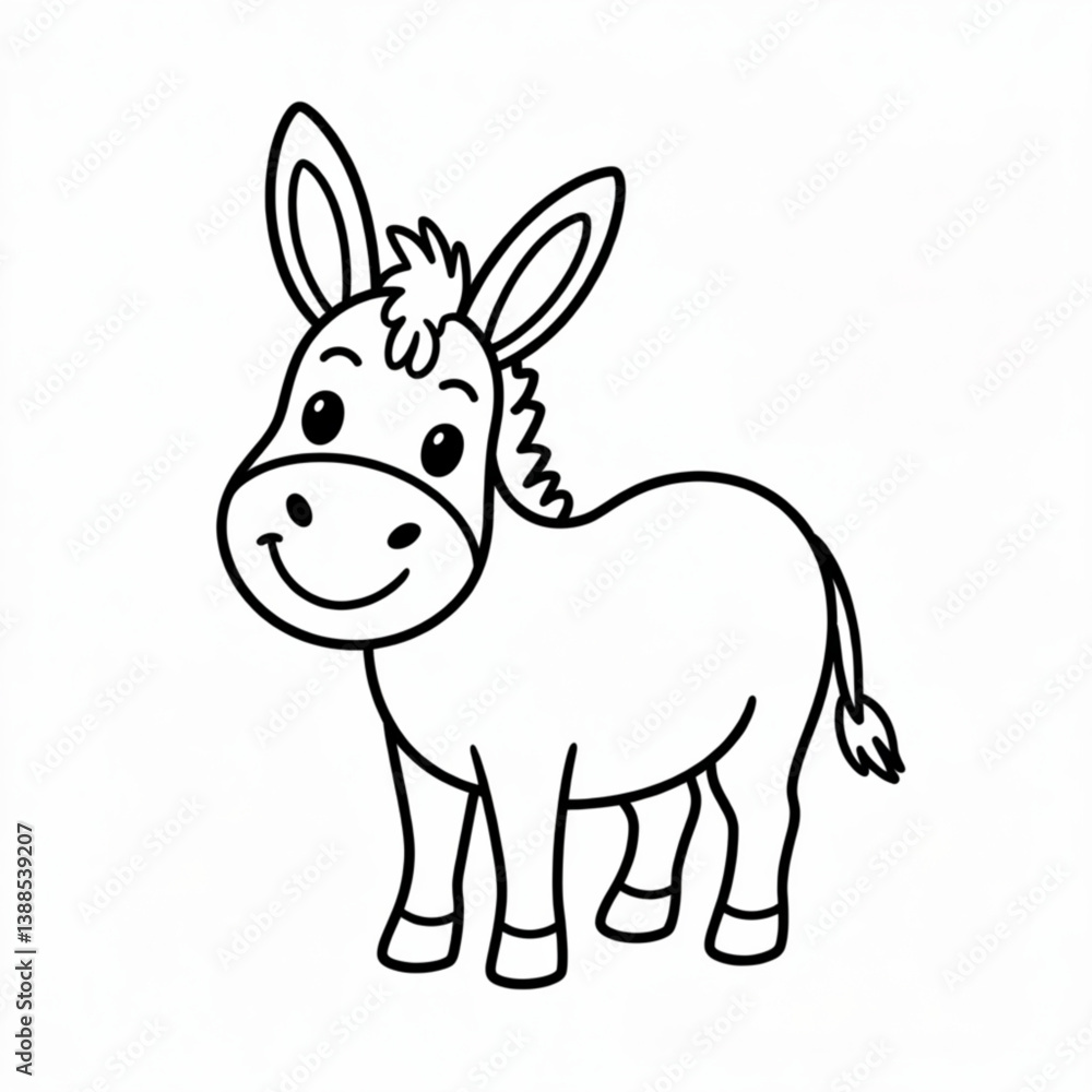 Smiling baby donkey line art illustration for educational children’s activity sheet or printable farm-themed project Smiling baby donkey line art illustration for educational children’s activity sheet or printable farm-themed project