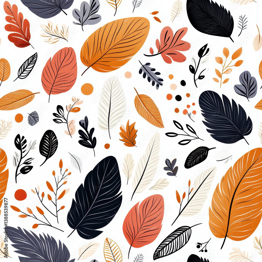 Obraz premium Vibrant seamless pattern featuring colorful leaves and botanical elements creating lively and cheerful atmosphere