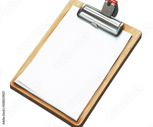 Blank white clipboard with metal clip and wooden board shown at an angled perspective on a clean white background for checklist paperwork survey notes forms office planning and business organization