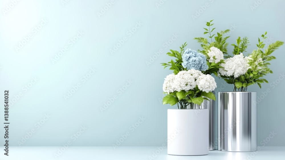 Fototapeta premium Light blue wall, white and silver vases, hydrangeas