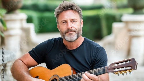 Man playing acoustic guitar outdoors