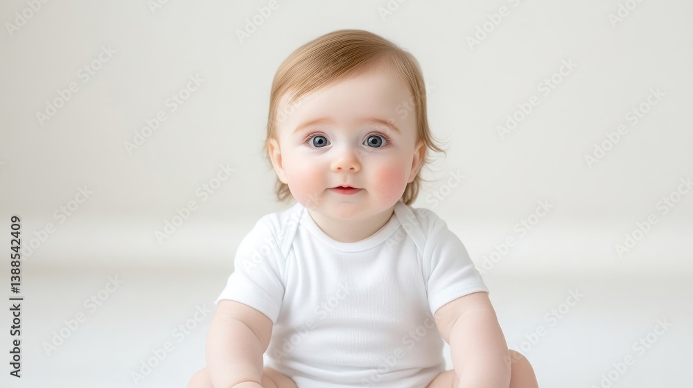 A curious baby sitting on white background, wearing a plain white onesie, looking directly at camera with wide eyes, and studio portrait. A curious baby sitting on white background, wearing a plain white onesie, looking directly at camera with wide eyes, and studio portrait.