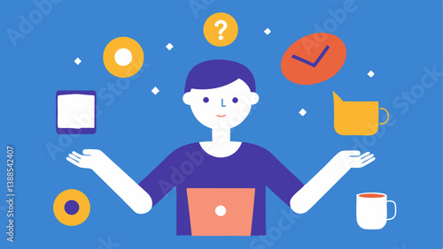 Juggling Tasks An illustration of a person juggling various icons representing tasks like a laptop a phone a book a coffee cup with a confused facial expression showing strain.