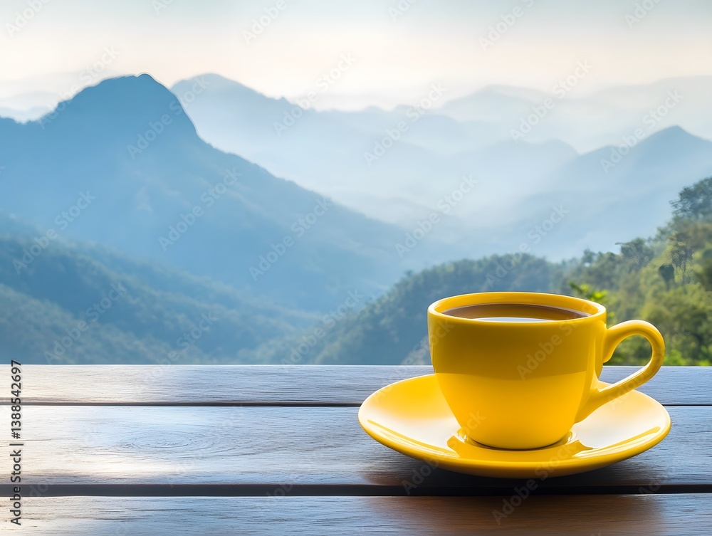 Scenic Mountain View with Yellow Coffee Cup on Wooden Table Scenic Mountain View with Yellow Coffee Cup on Wooden Table