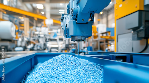 Obraz na płótnie A mechanical arm in a high tech plastic extrusion plant, surrounded by extrusion machines and plastic pellets, Industrial style w salonie