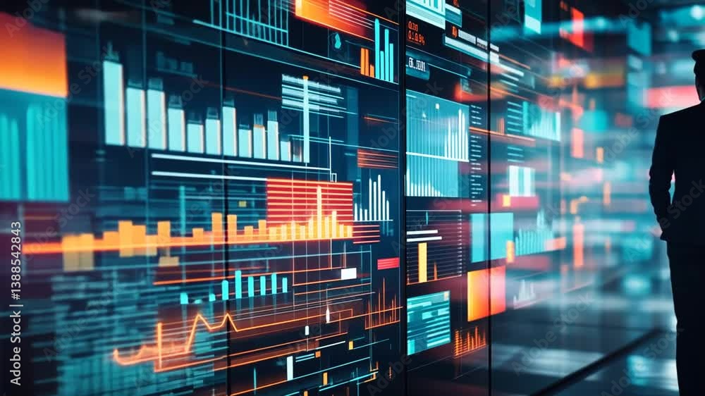 Businessman Analyzing Financial Data and Charts on Multiple Digital Screen Displays Businessman Analyzing Financial Data and Charts on Multiple Digital Screen Displays