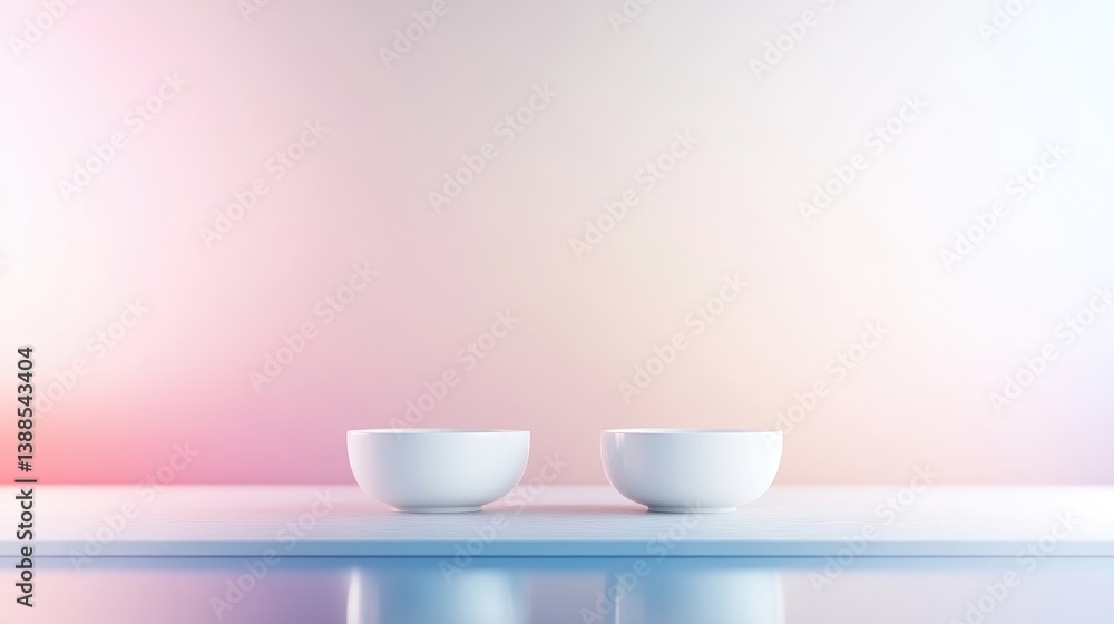 Two small, white bowls sit centrally on a reflective surface. The background is a soft, pastel gradient. The image is clean and minimalist, with even lighting. Pastel colors create a calm mood. The Two small, white bowls sit centrally on a reflective surface. The background is a soft, pastel gradient. The image is clean and minimalist, with even lighting. Pastel colors create a calm mood. The
