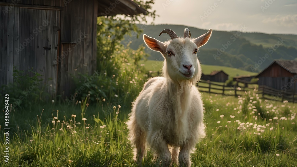 Obraz premium Goat Standing in Morning Field