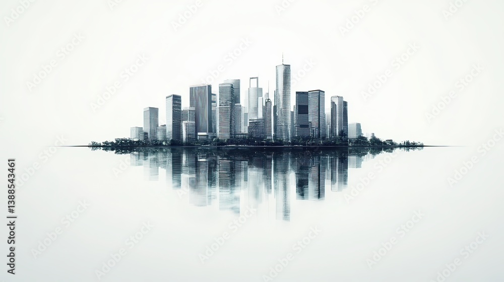 Fototapeta premium Urban skyline reflection modern city digital art tranquil water aerial view serenity