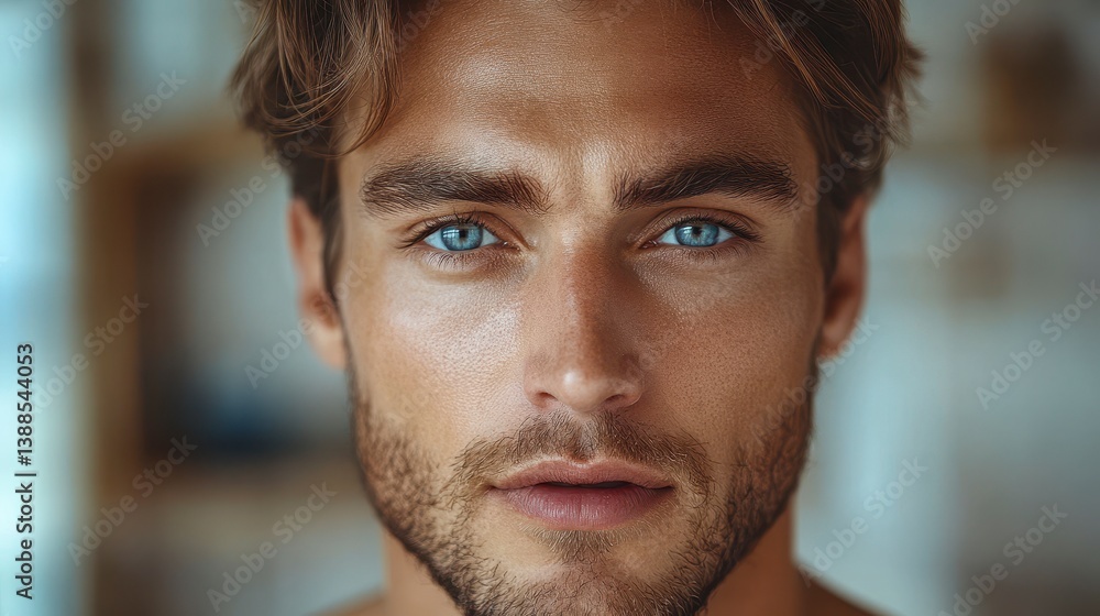Fototapeta premium Intense gaze, piercing blue eyes, tan skin, and wavy brown hair portrait