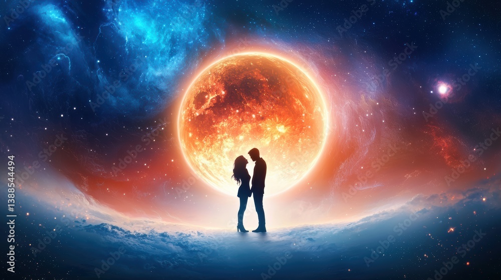 Fototapeta premium A romantic silhouette of a couple against a vibrant cosmic backdrop featuring a large, glowing moon and colorful celestial elements.