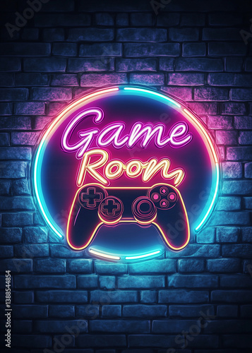 Neon game room sign with controller emblem.