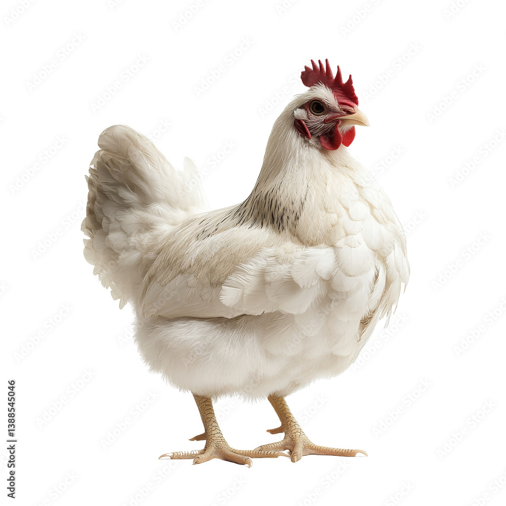 Fototapeta premium A white chicken standing upright, showcasing its feathers and distinctive red comb.