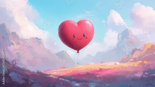 Joyful heart balloon floating in serene nature landscape whimsical art dreamy horizon