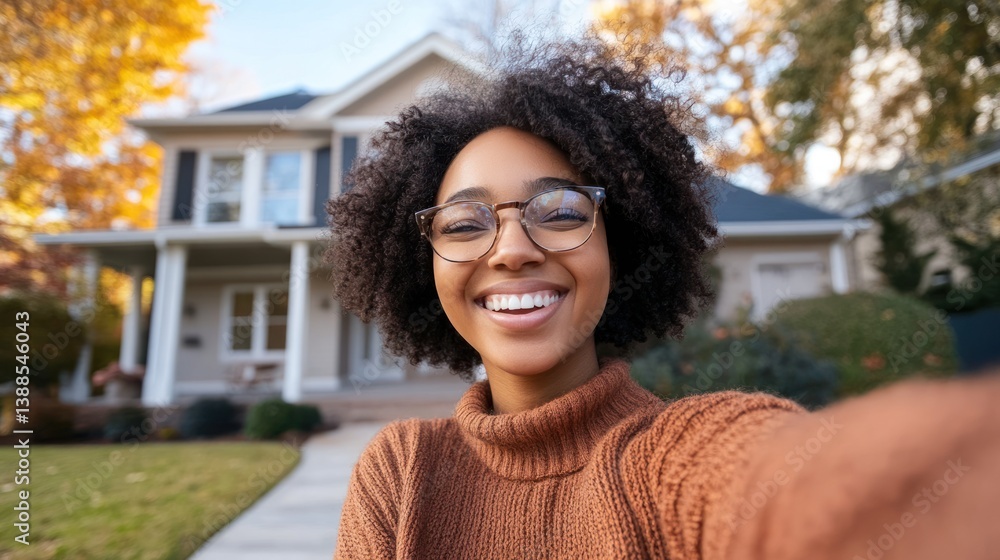 Smiling Woman Taking Selfie in Front of Home During Autumn Smiling Woman Taking Selfie in Front of Home During Autumn