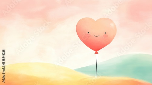 Joyful heart balloon floating over serene landscape digital art peaceful view