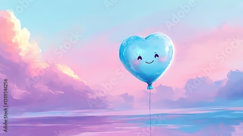 Joyful heart balloon floating above serene ocean whimsical art dreamy sunset