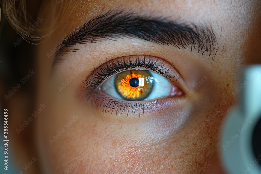 Fototapeta premium An eye examination taking place in an ophthalmologist's office. A person is looking through a phoropter, with eye charts on the wall.