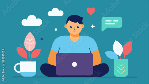 Designing Interface A closeup of a designer working on a laptop showcasing a colorful mental health app interface filled with calming colors and soothing graphics.