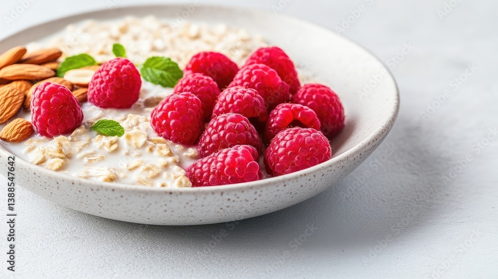 A bowl of creamy oatmeal is topped with fresh raspberries and almonds. The composition is simple, showcasing the healthy breakfast. The photo is high-quality, well-lit, and features a shallow depth A bowl of creamy oatmeal is topped with fresh raspberries and almonds. The composition is simple, showcasing the healthy breakfast. The photo is high-quality, well-lit, and features a shallow depth
