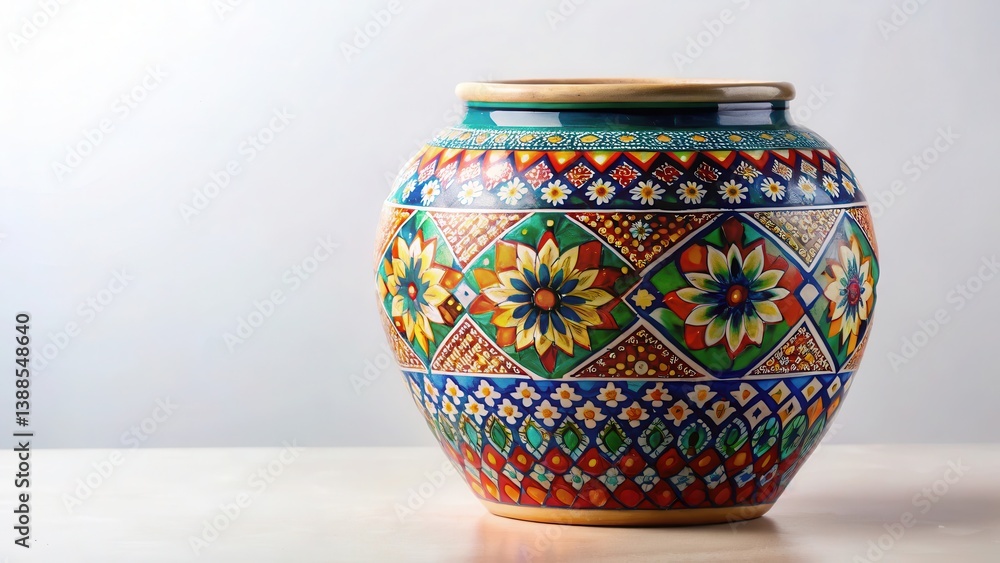 A vibrant, hand-painted ceramic vase with intricate floral and geometric designs, showcasing a rich tapestry of colors and patterns, a testament to skilled craftsmanship A vibrant, hand-painted ceramic vase with intricate floral and geometric designs, showcasing a rich tapestry of colors and patterns, a testament to skilled craftsmanship