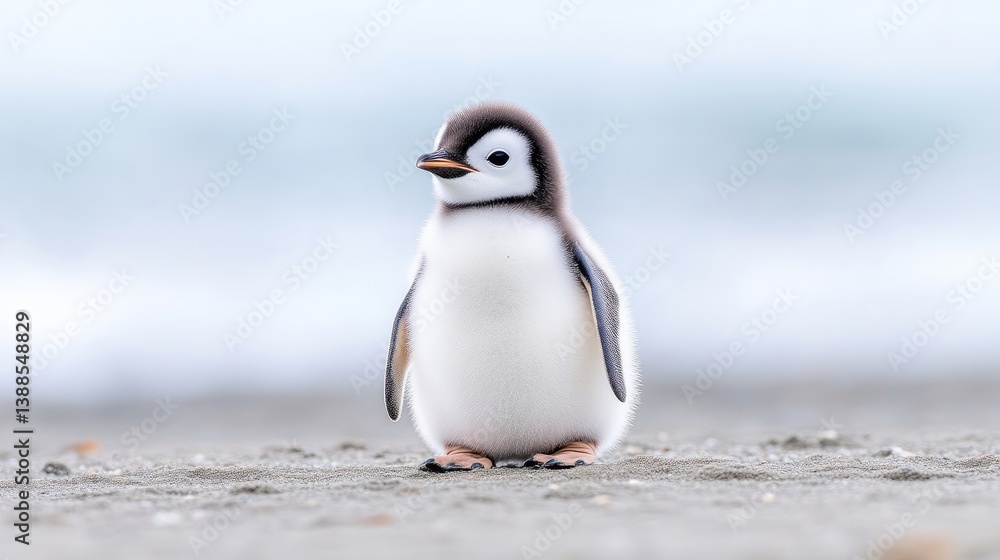 Fototapeta premium A fluffy penguin chick stands on a sandy beach. The image features a soft-focus background of a blurry ocean. Its a high-quality photograph with natural lighting. The style is simple and heartwarmin