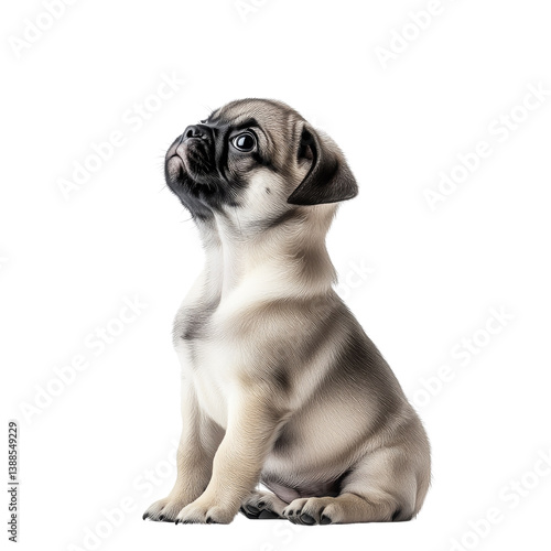 A cute pug puppy sitting in profile, showcasing its distinctive features and playful demeanor.